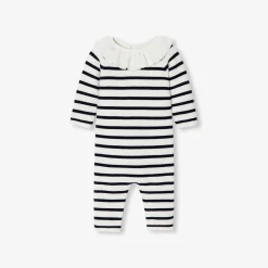 Jacadi Bloomers, Overalls And Sets|Baby girl jumpsuit in garter stitch Navy/White