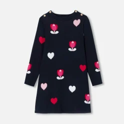 Jacadi Dresses And Skirts|Girl jacquard dress with flowers and hearts Blue/Multicolour