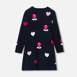 Jacadi Dresses And Skirts|Girl jacquard dress with flowers and hearts Blue/Multicolour